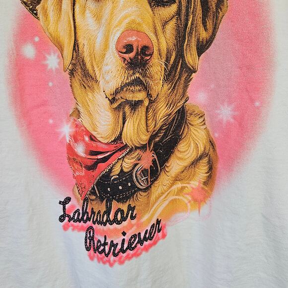 Strange Daze Cowboy‎ Labrador Retreiver Graphic Tee L Ivory Pink Dog - Picture 2 of 5